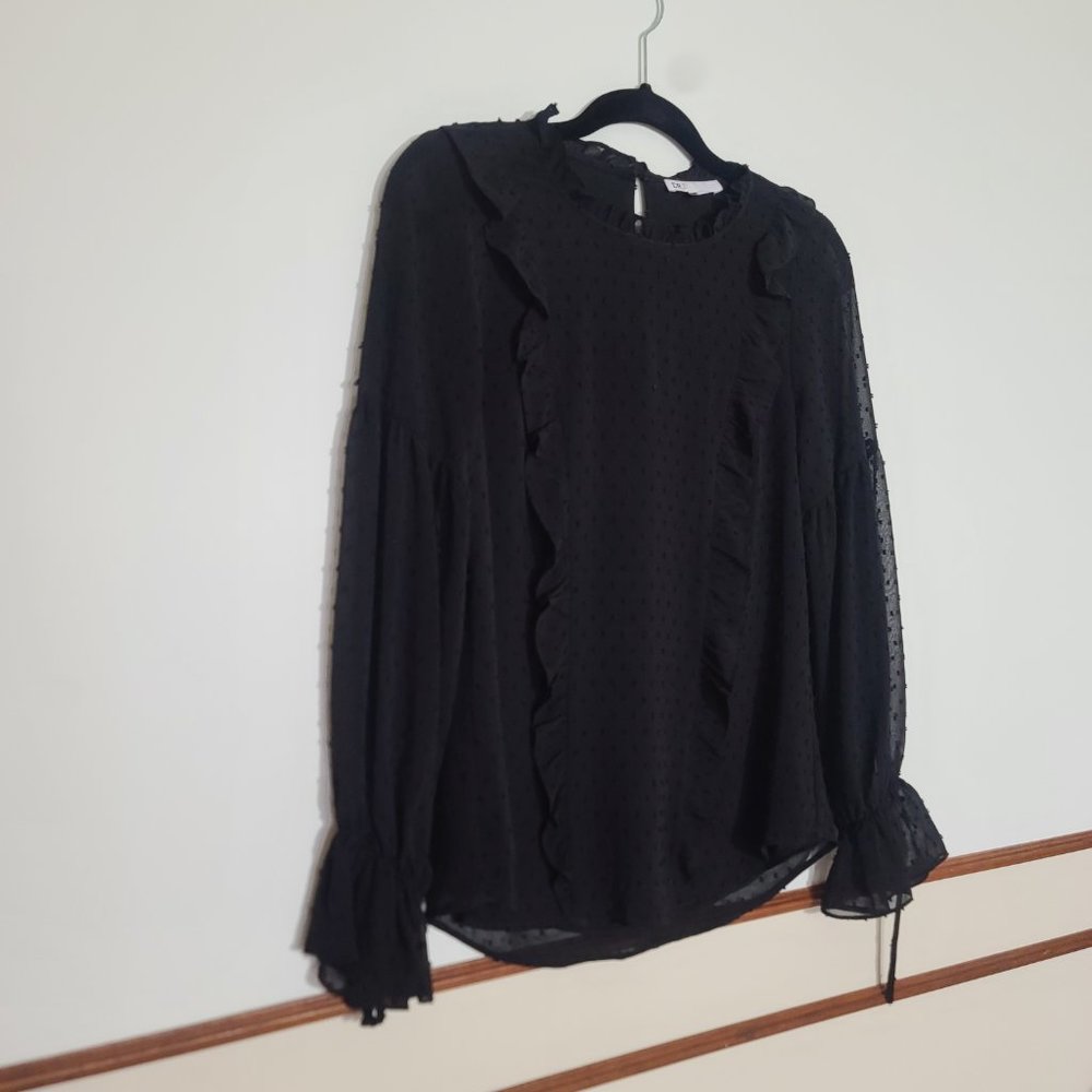 DR2 by Daniel Rainn; Black Dot Long Sleeve Blouse Top Shirt
